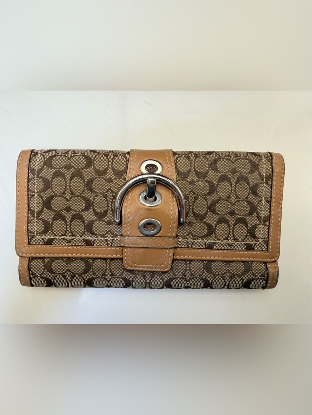 Coach Brown Signature Canvas Wallet with Tan Leather Trim and Buckle
